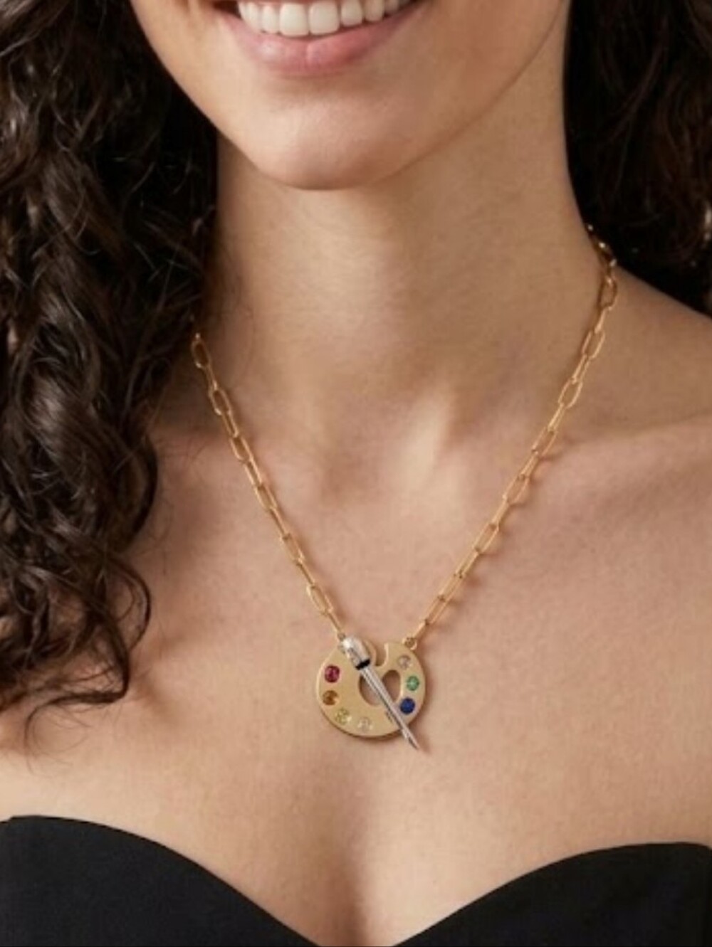 Gold Artist Palette Pendant Necklace with Multicolor Stones